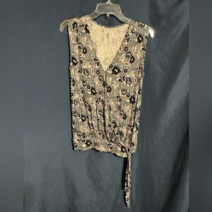 LOFT Black and Pink Floral Wrap Blouse